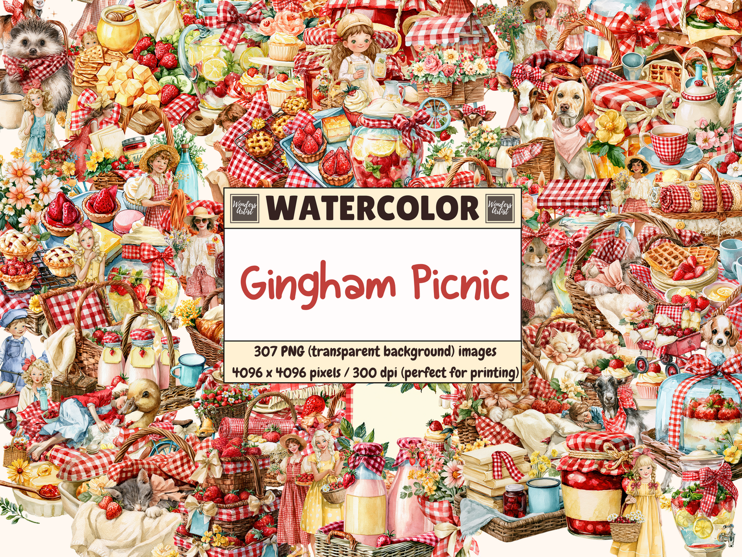 Gingham Picnic Watercolor Clipart