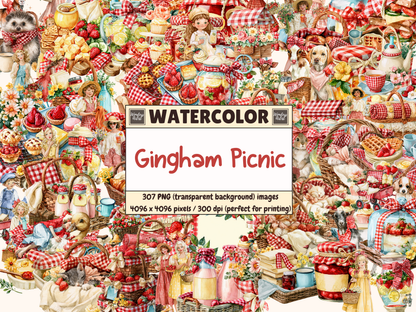 Gingham Picnic Watercolor Clipart