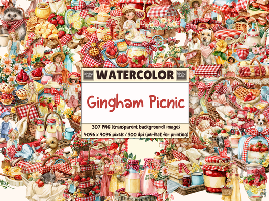 Gingham Picnic Watercolor Clipart