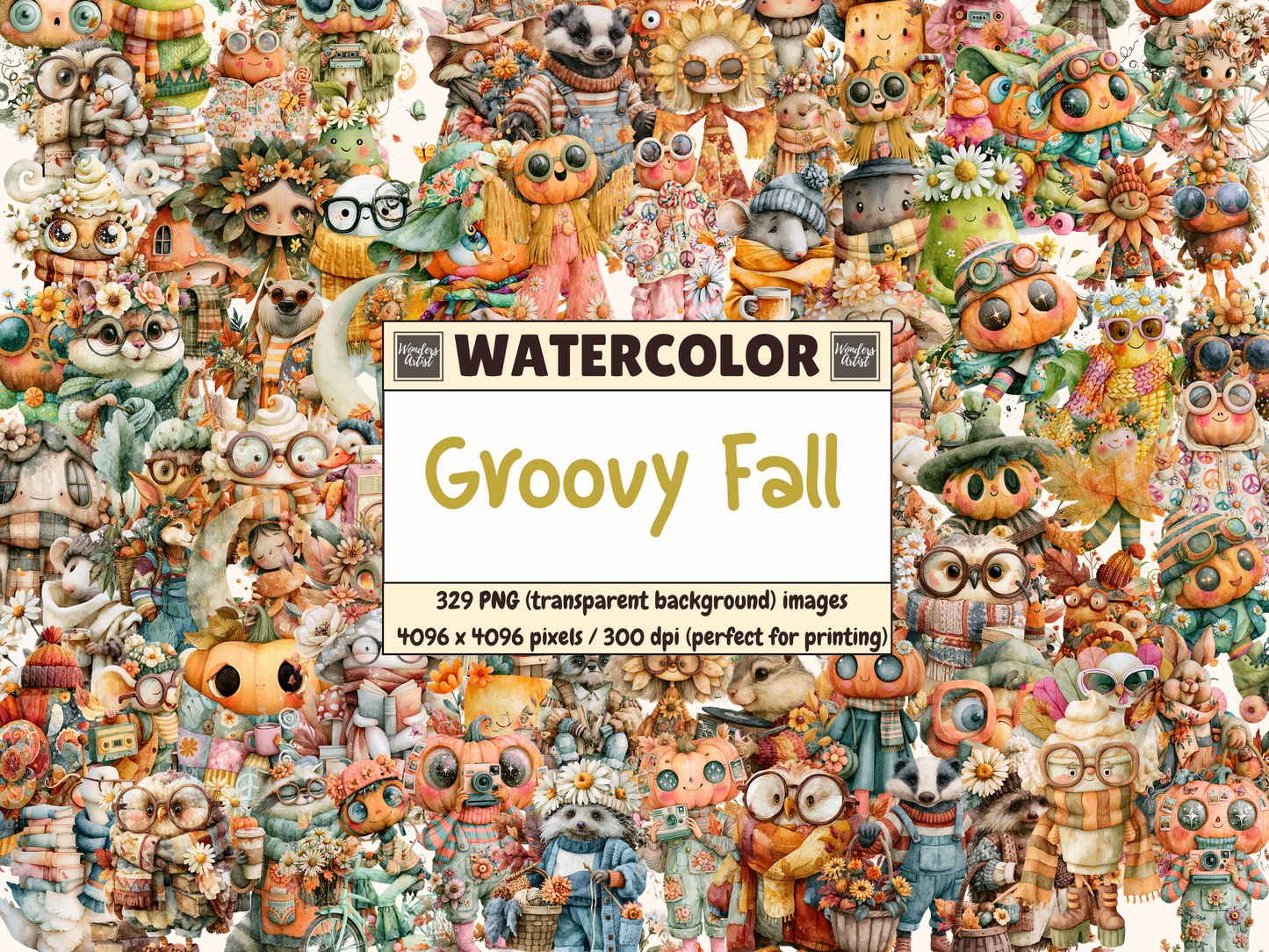 Groovy Fall Watercolor Clipart