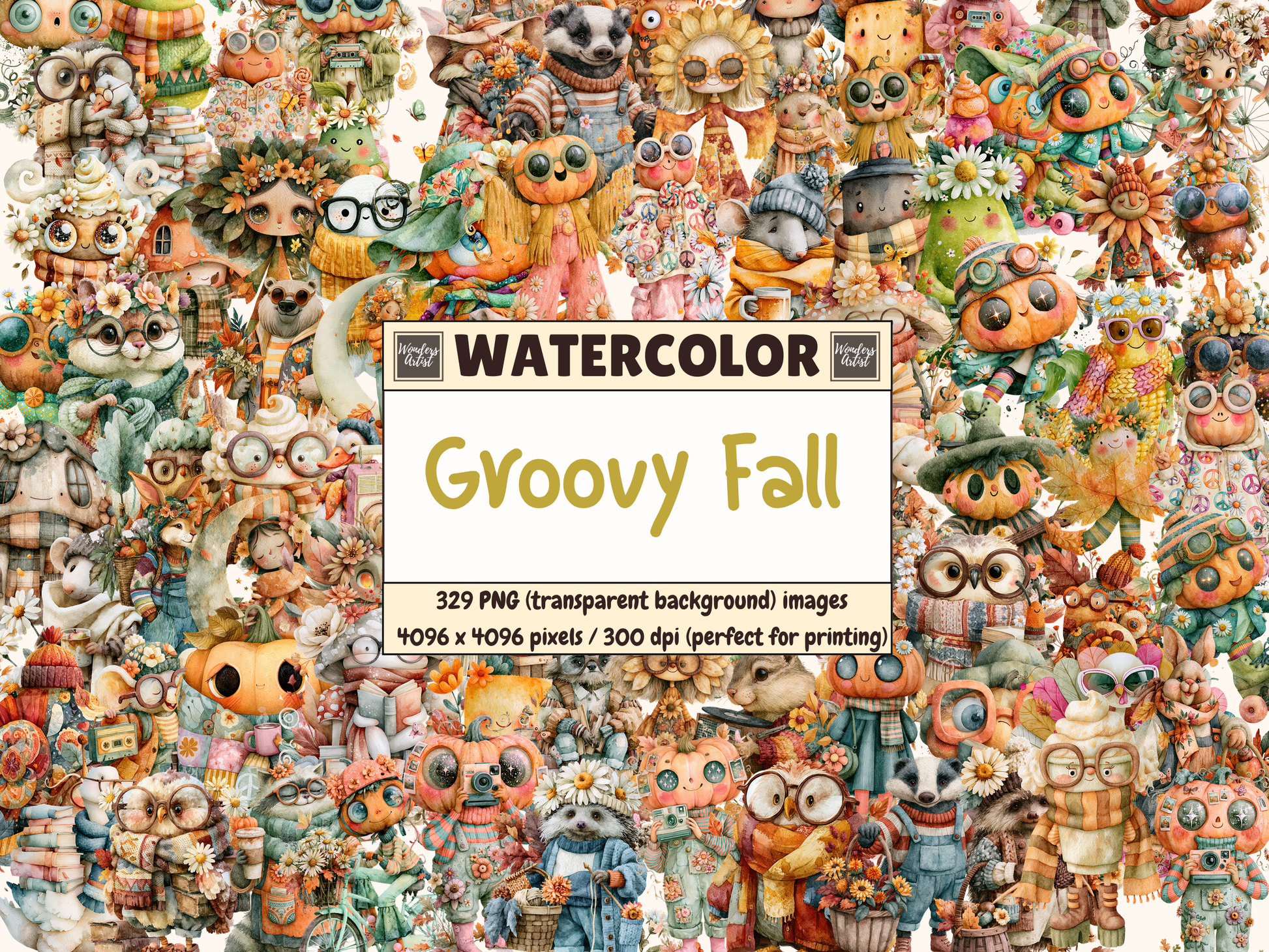 Groovy Fall Watercolor Clipart