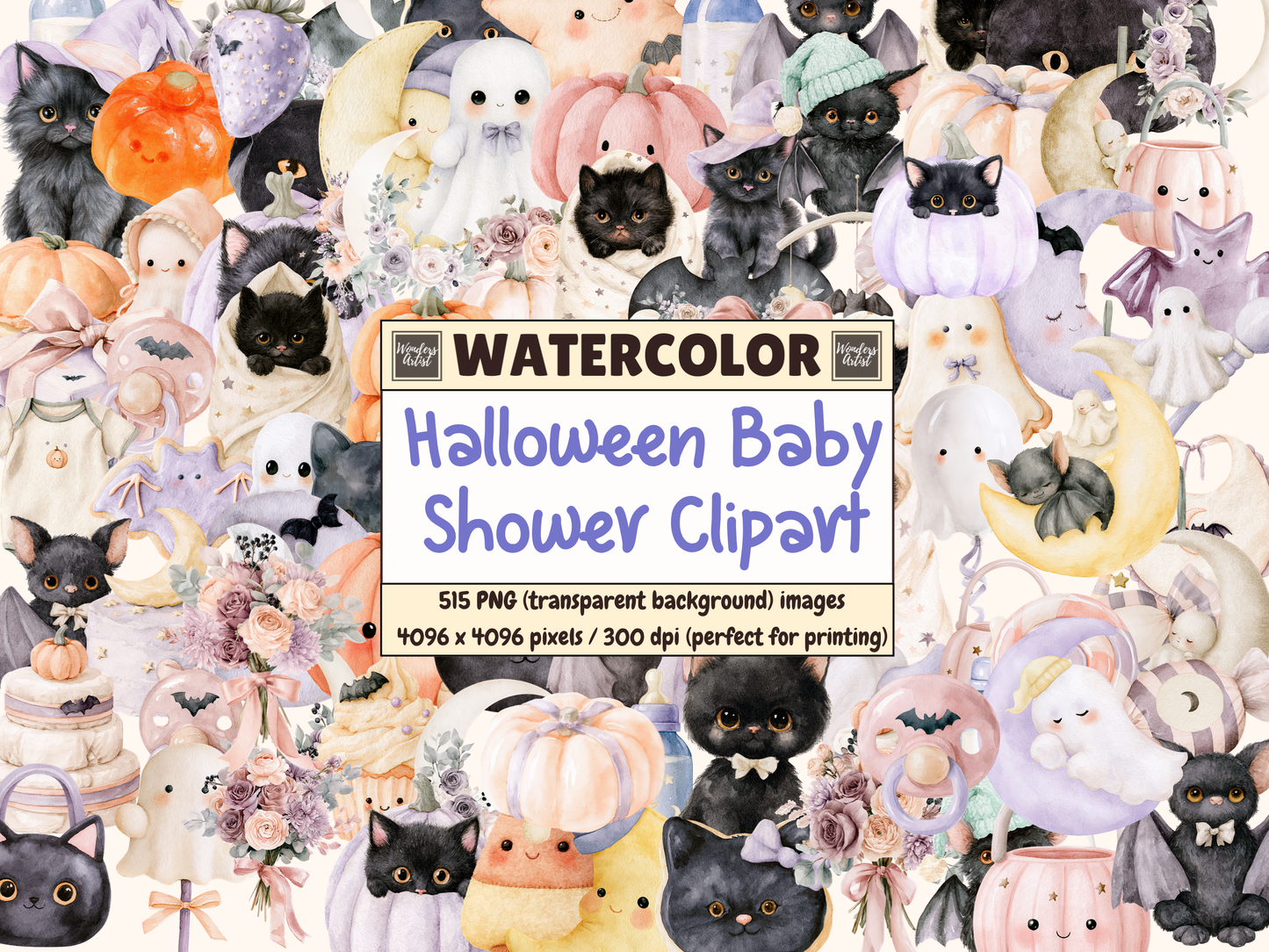 Halloween Baby Shower Watercolor Clipart