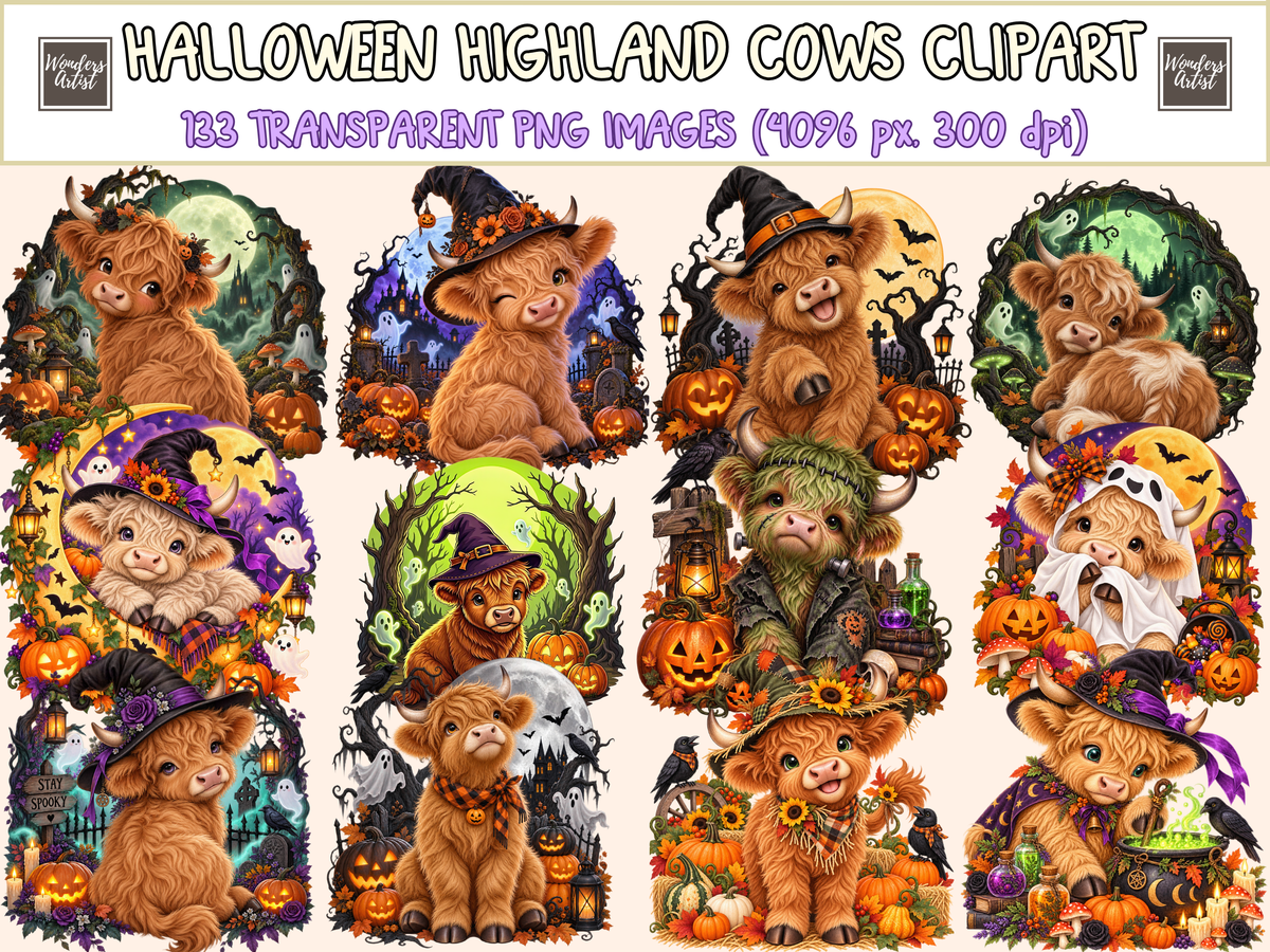 Halloween Highland Cows Clipart
