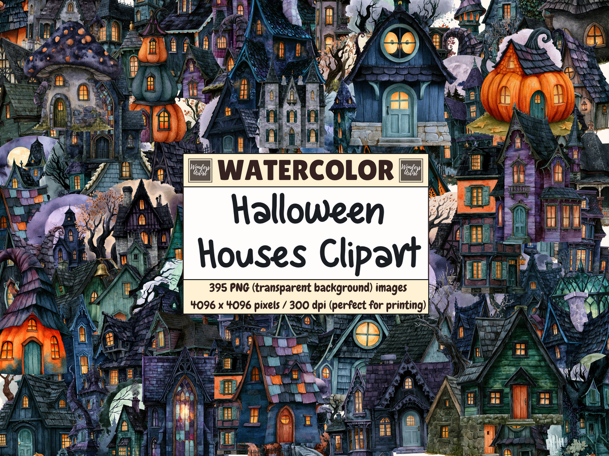 Halloween Houses Watercolor Clipart