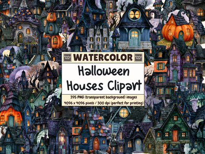 Halloween Houses Watercolor Clipart