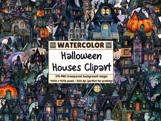 Halloween Houses Watercolor Clipart