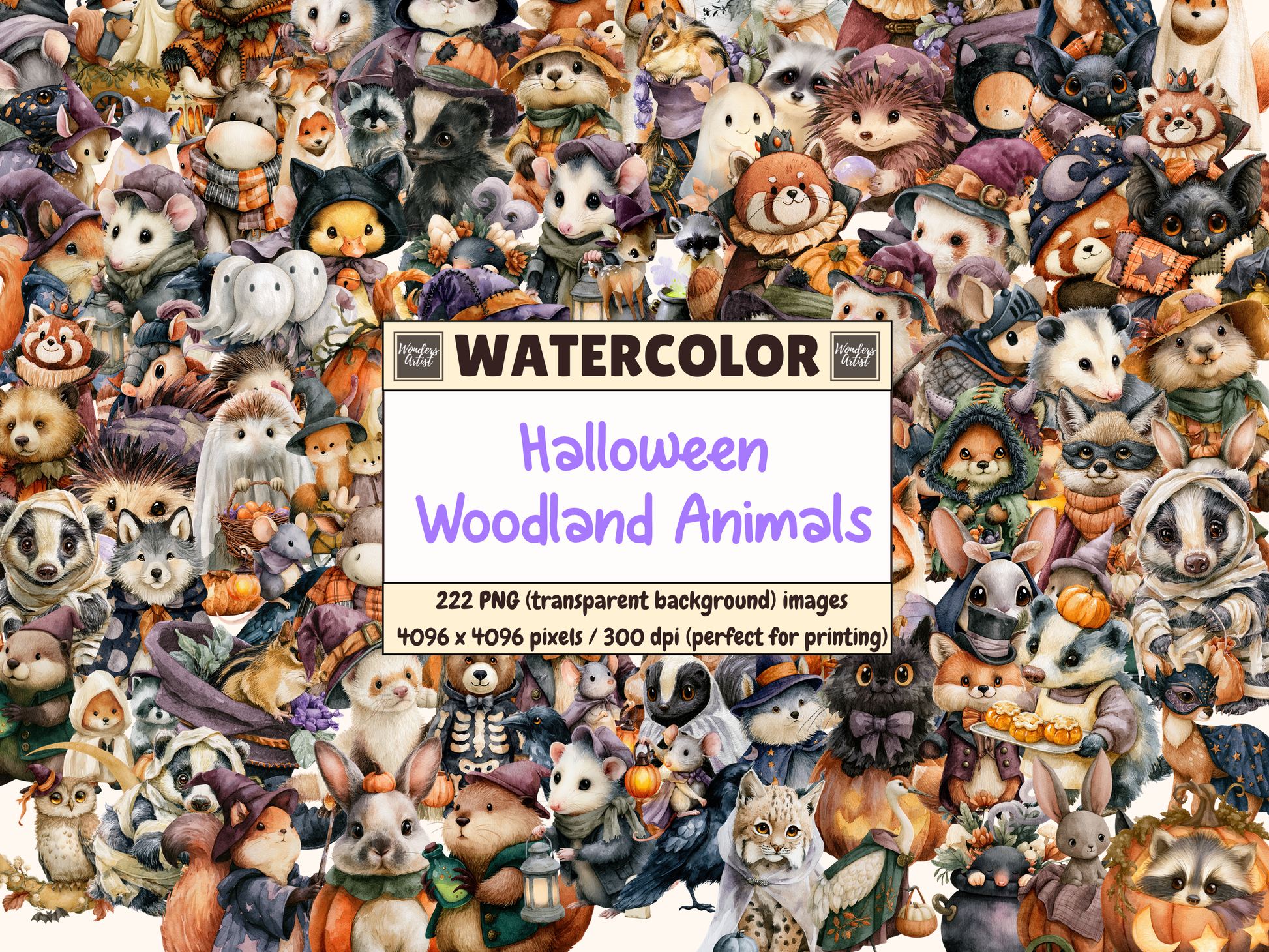 Halloween Woodland Animals Watercolor Clipart