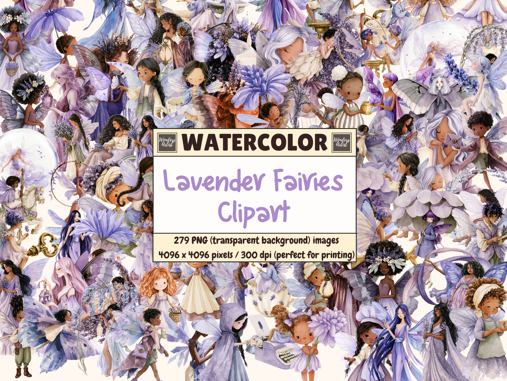 Lavender Fairies Watercolor Clipart