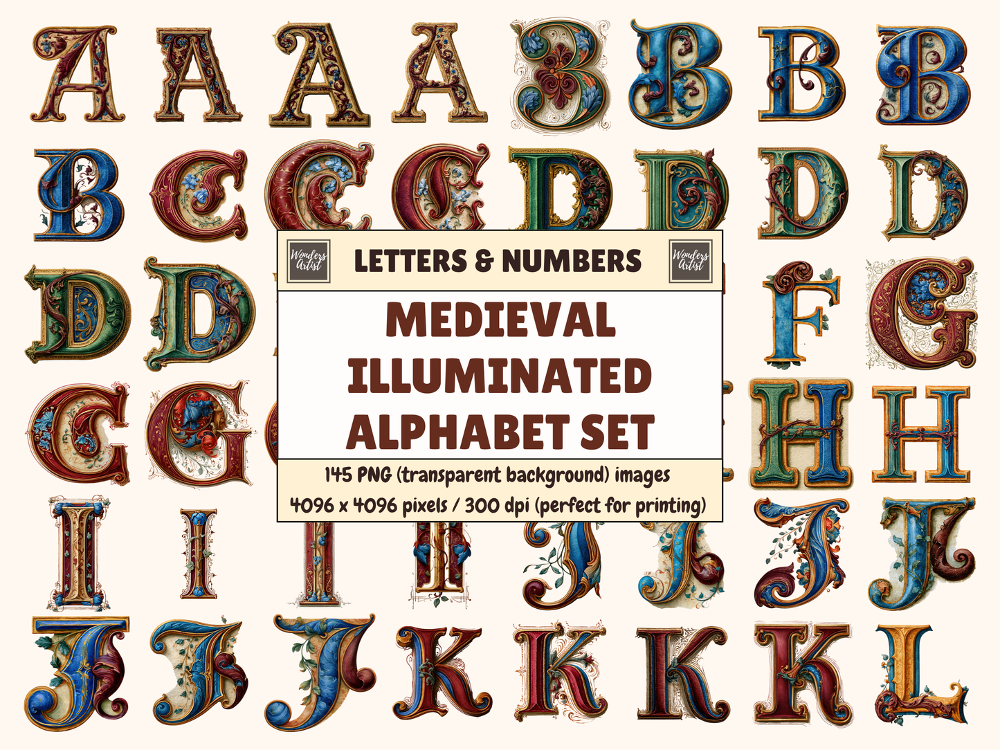 Medieval Illuminated Alphabet & Numbers