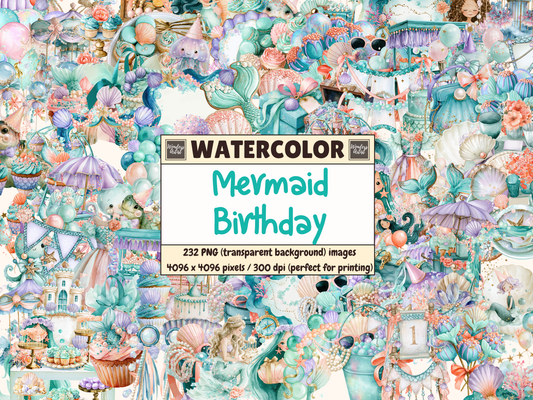 Mermaid Birthday Watercolor Clipart