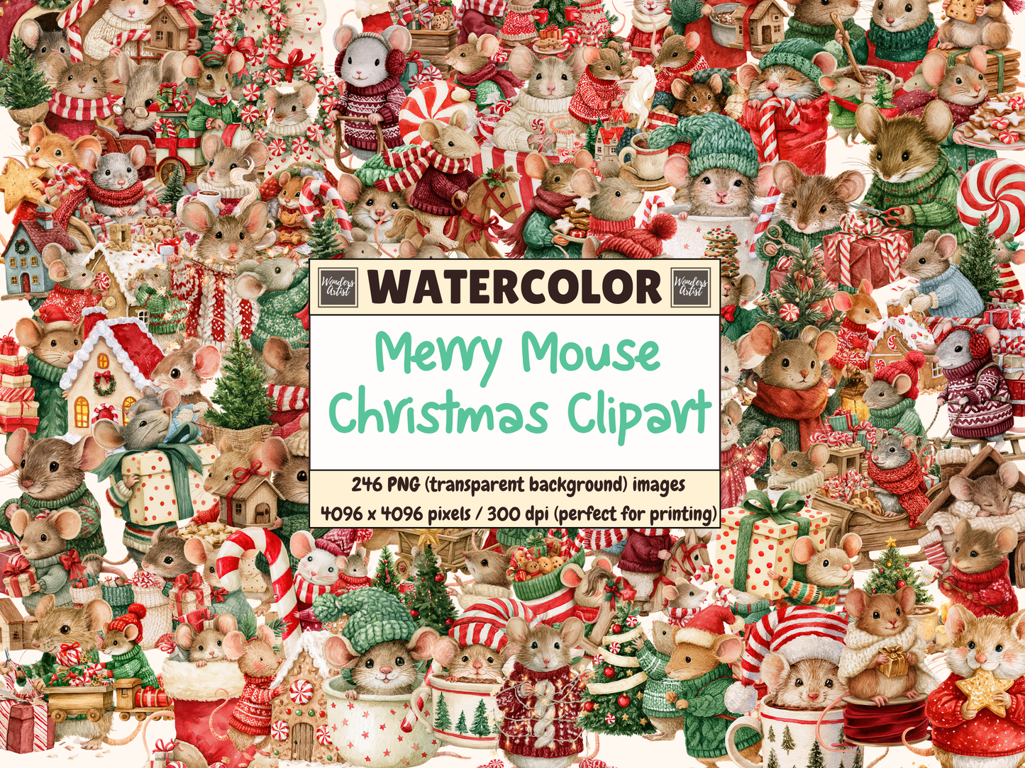 Merry Mouse Christmas Watercolor Clipart