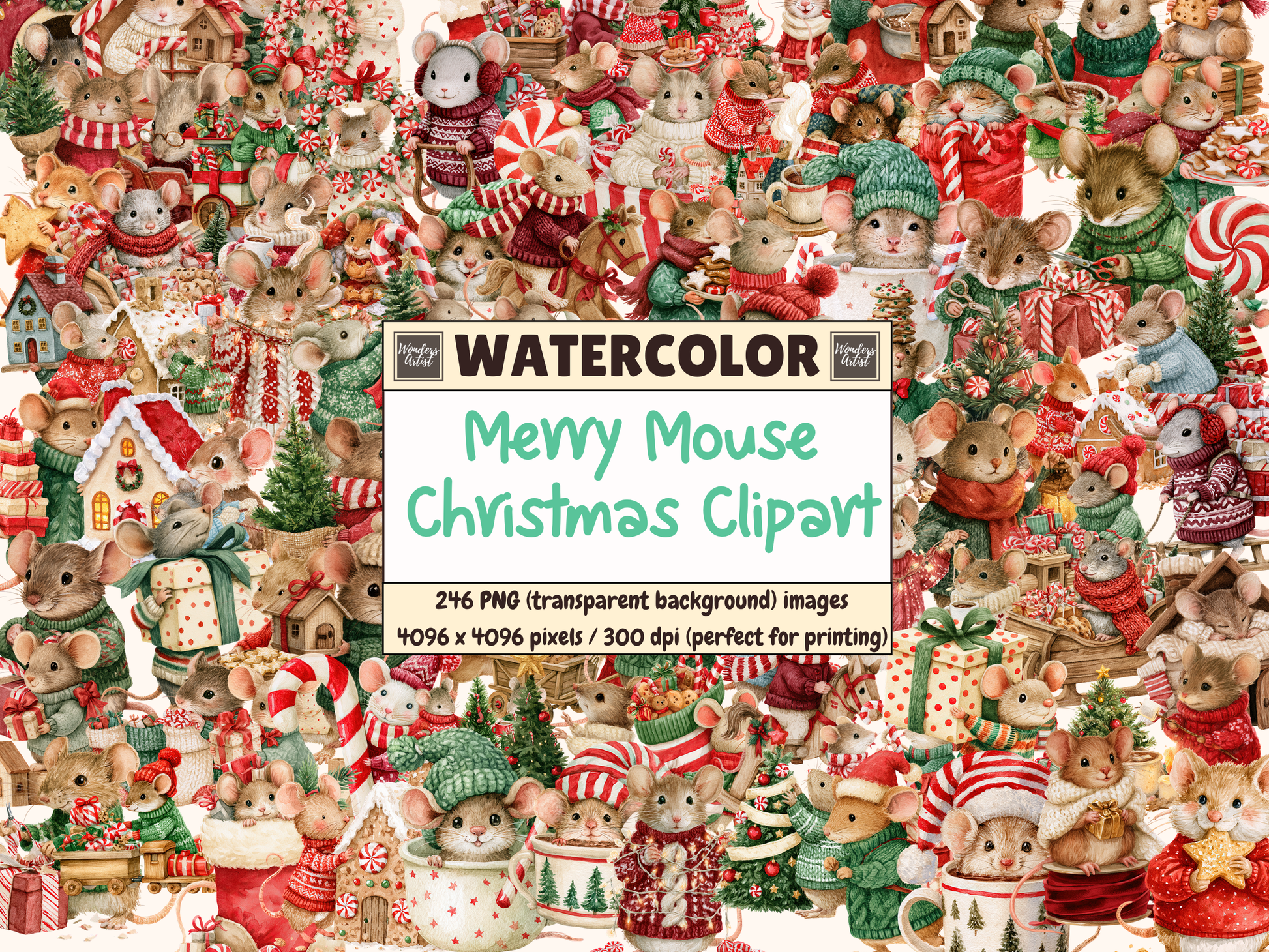 Merry Mouse Christmas Watercolor Clipart
