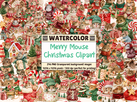 Merry Mouse Christmas Watercolor Clipart
