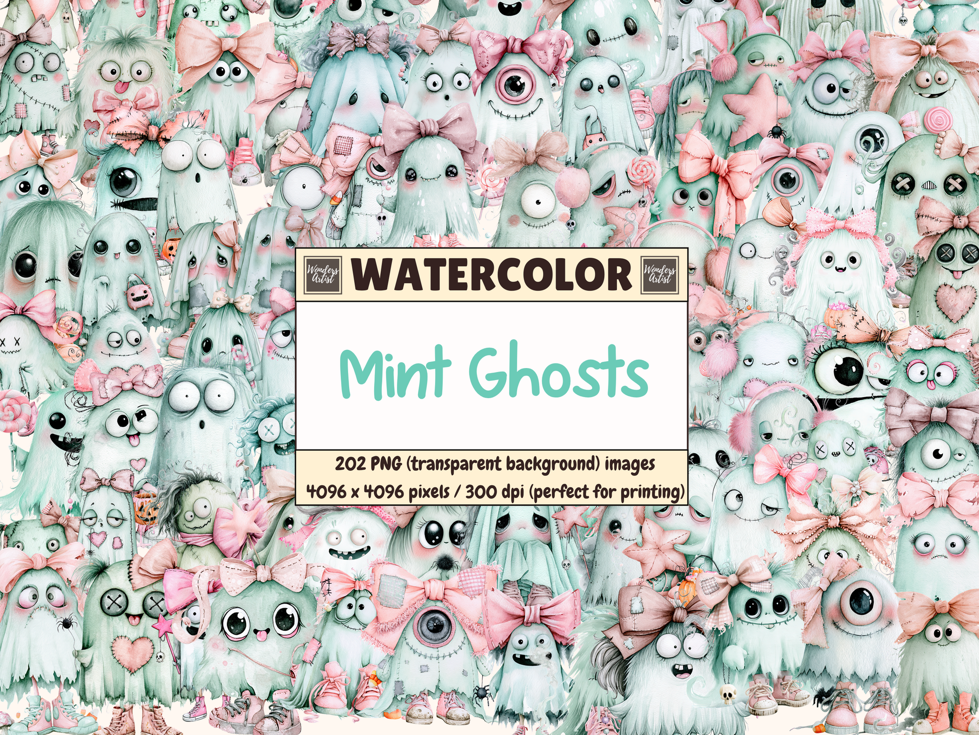 Mint Ghosts Watercolor Clipart