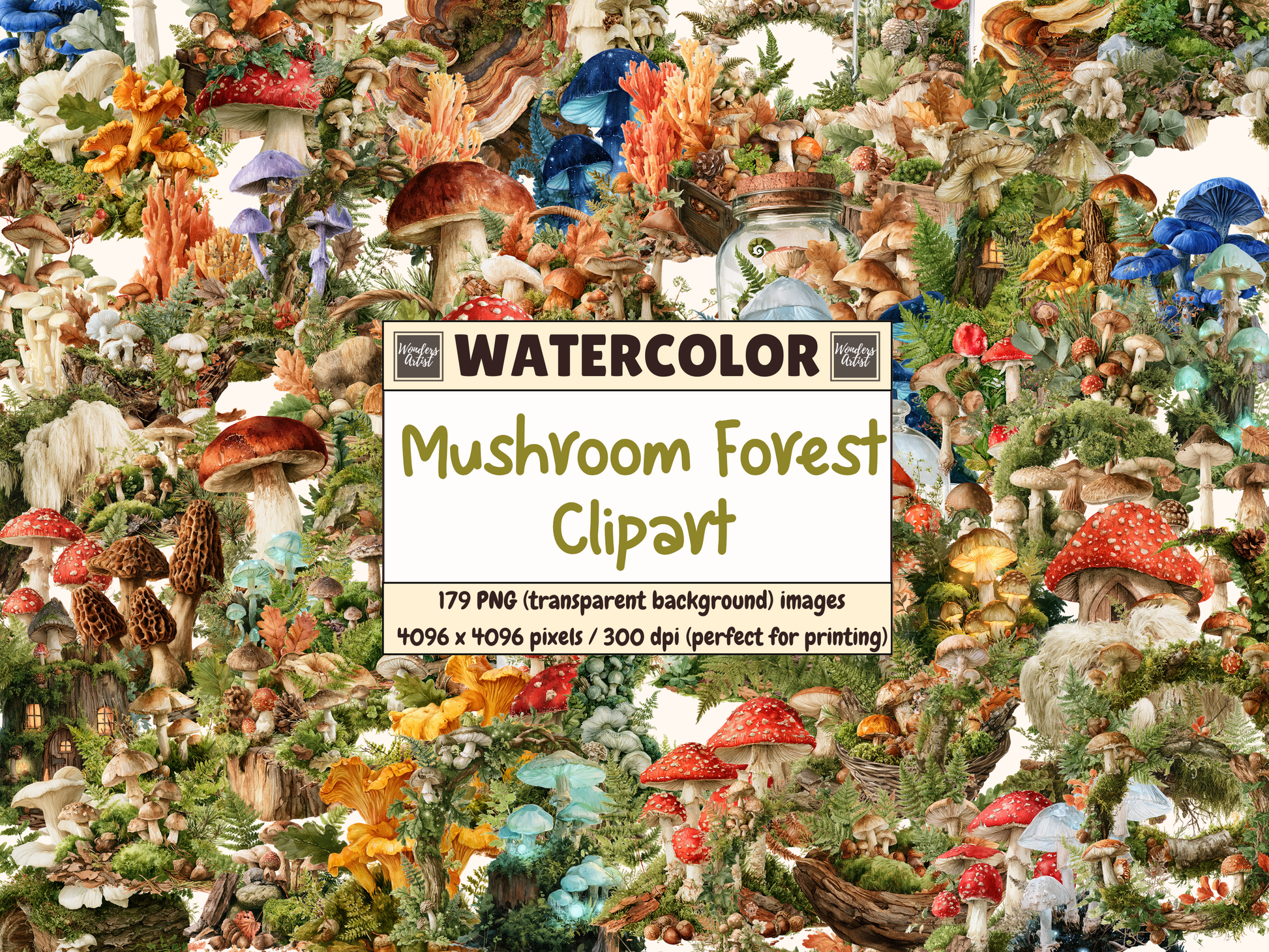 Mushroom Forest Watercolor Clipart