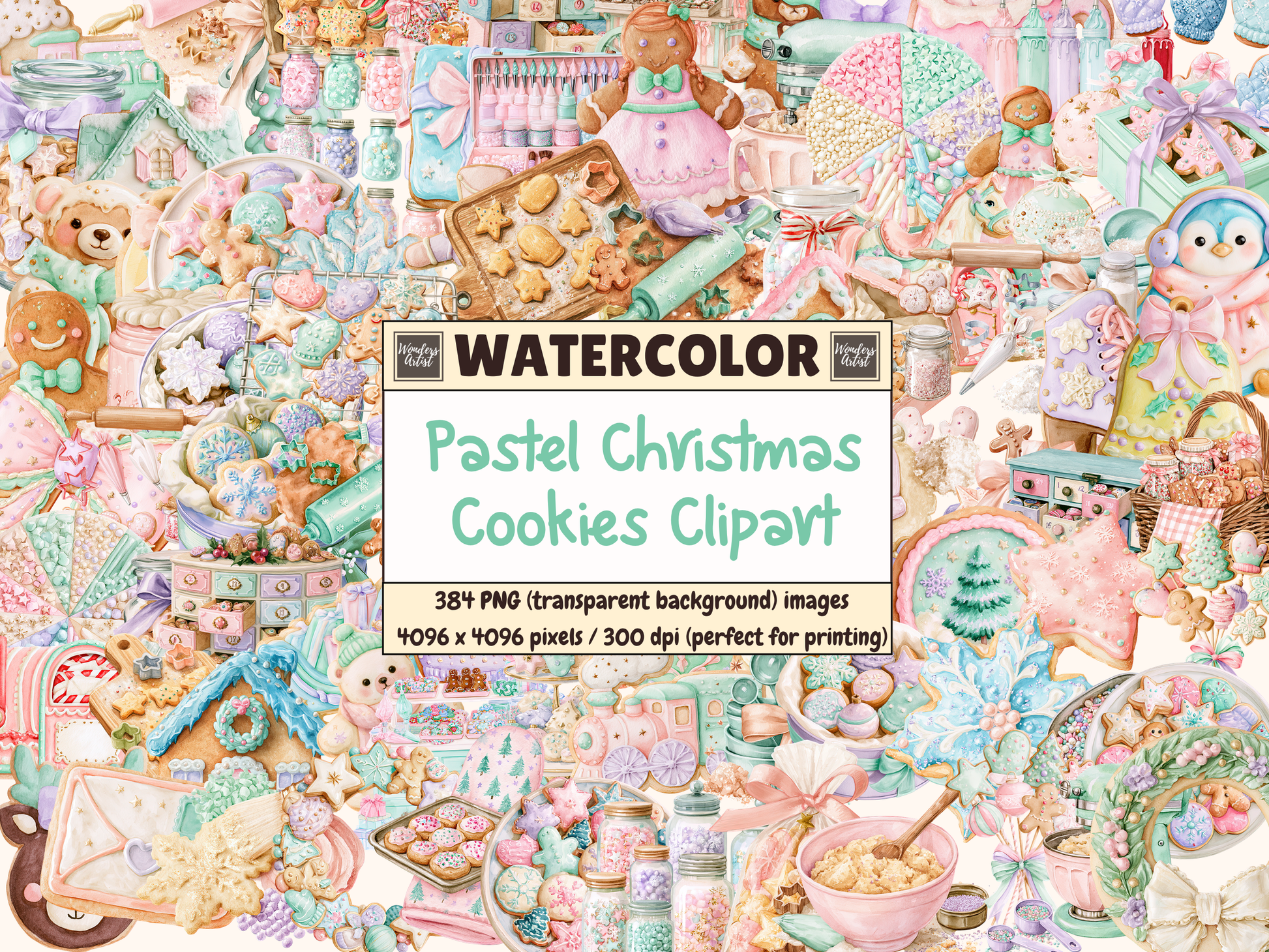 Pastel Christmas Cookies Watercolor Clipart