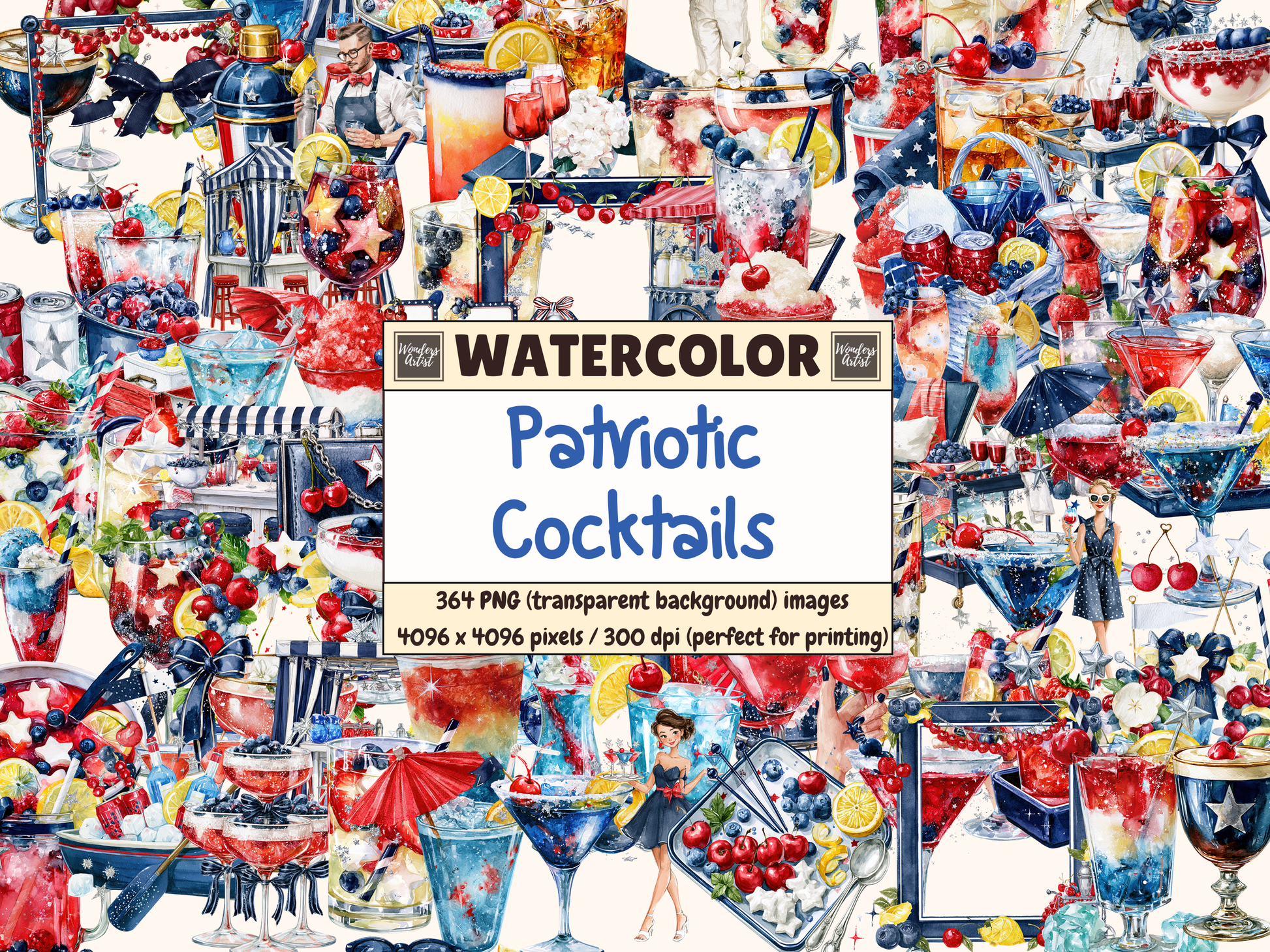 Patriotic Cocktails Watercolor Clipart