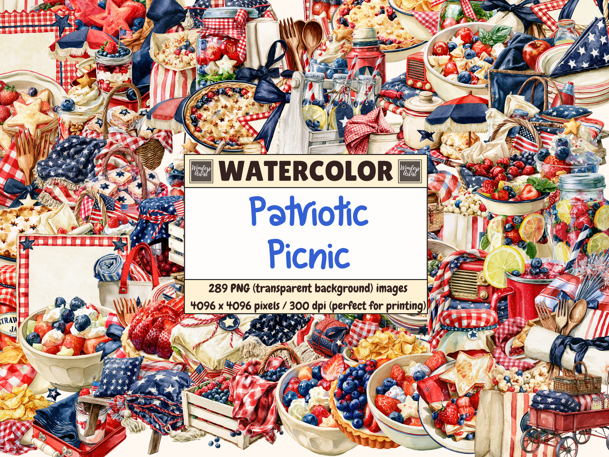 Patriotic Picnic Watercolor Clipart