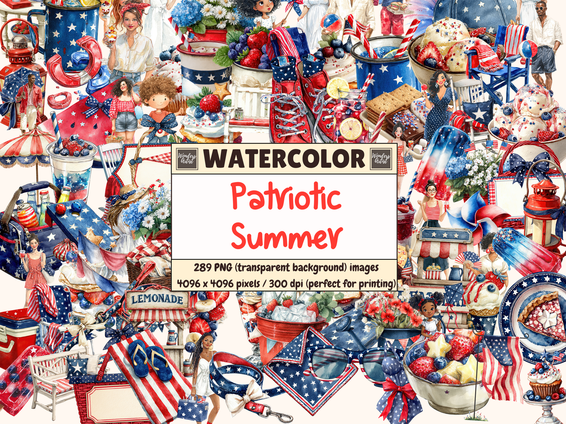 Patriotic Summer Watercolor Clipart