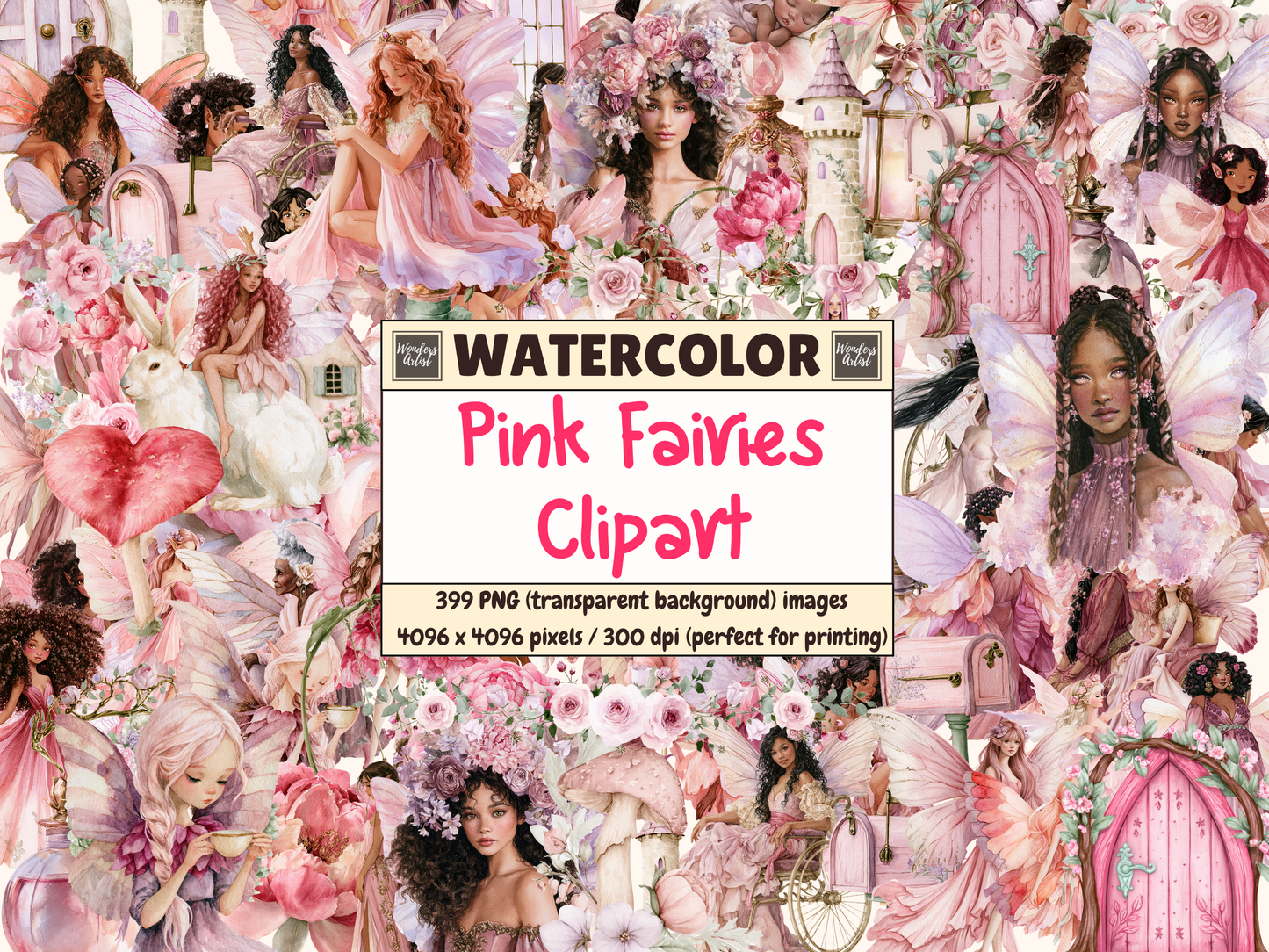Pink Fairies Watercolor Clipart