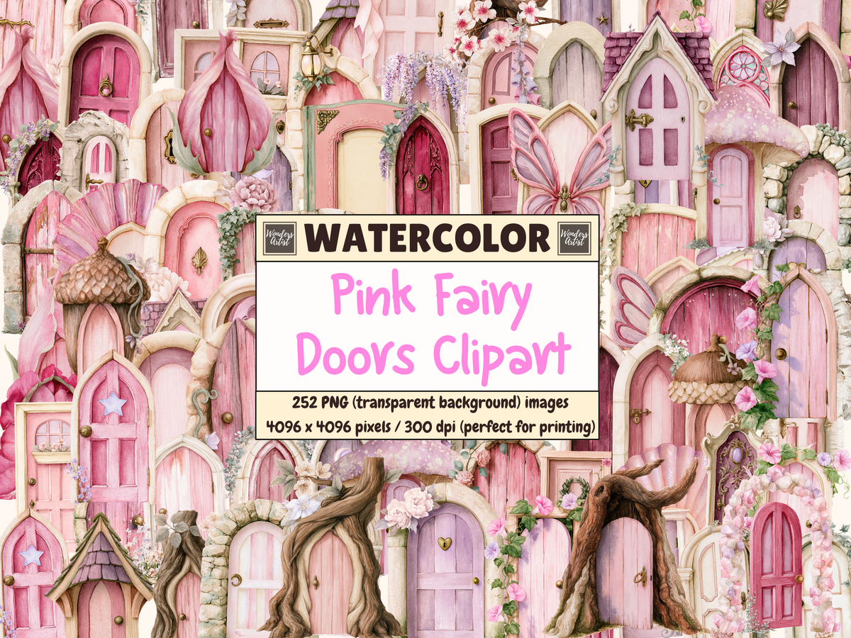 Pink Fairy Doors Watercolor Clipart