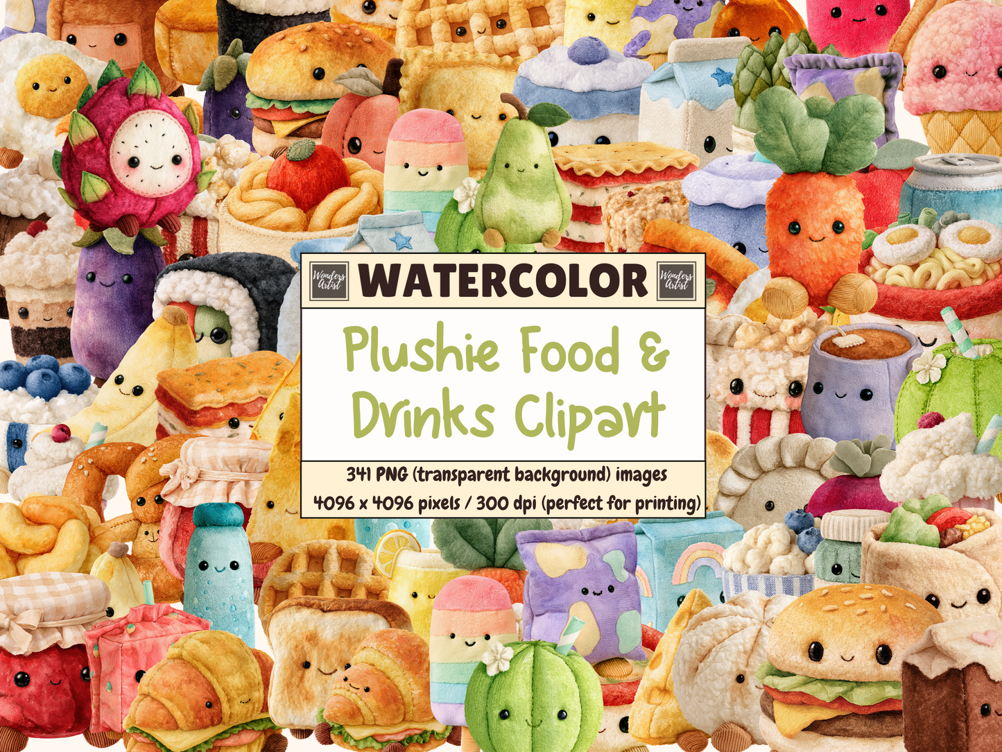 Plushie Food & Drinks Watercolor Clipart