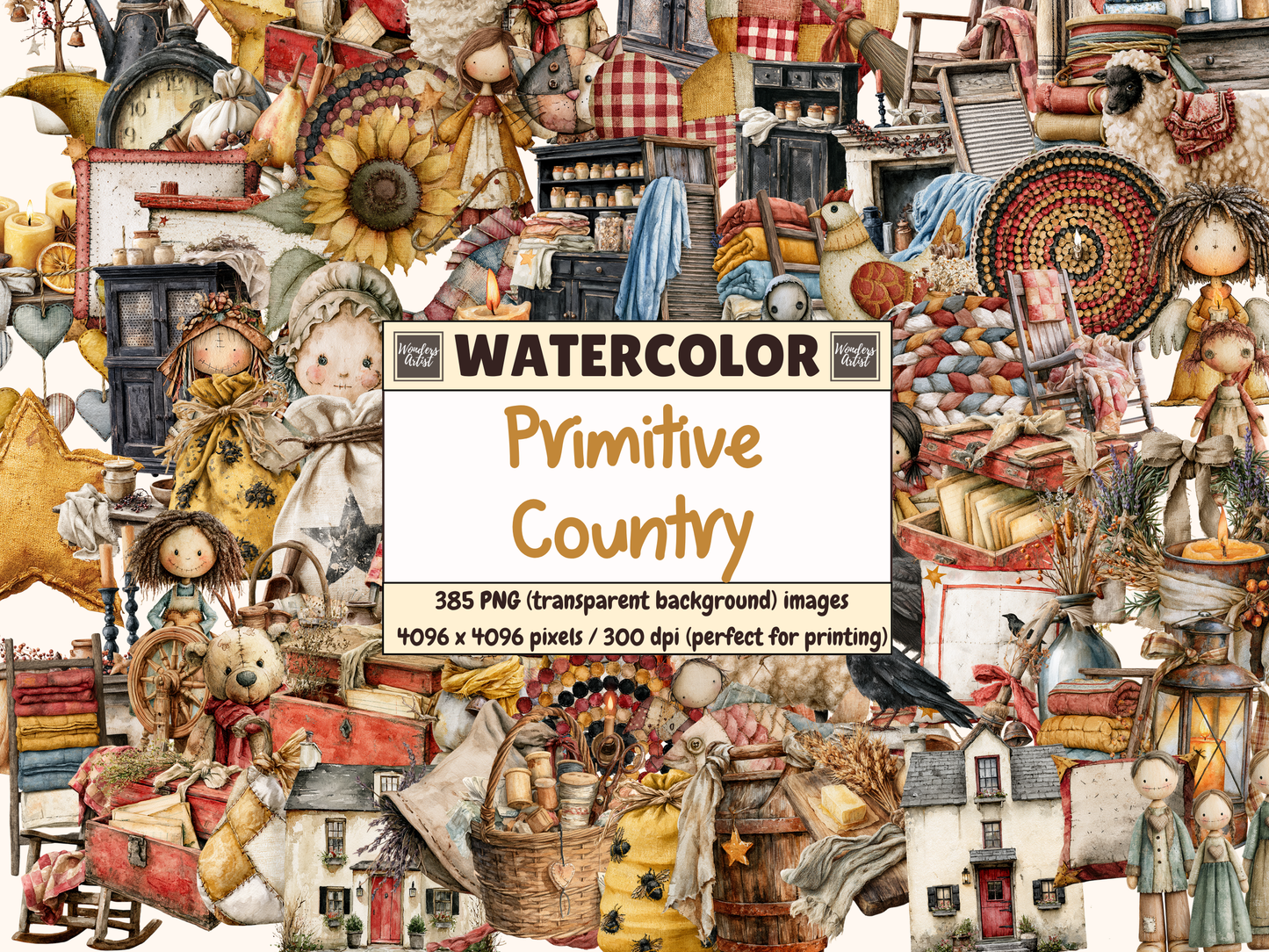 Primitive Country Watercolor Clipart
