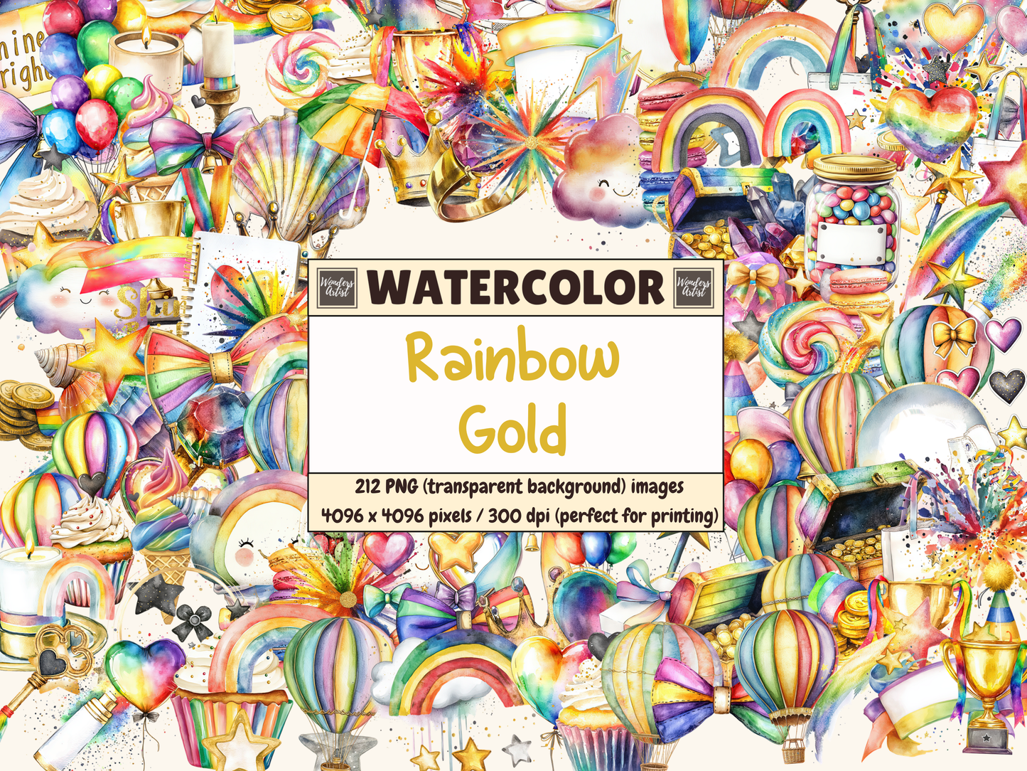 Rainbow Gold Watercolor Clipart
