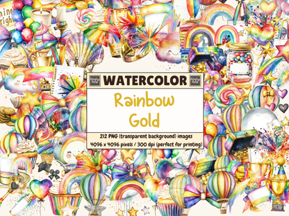 Rainbow Gold Watercolor Clipart