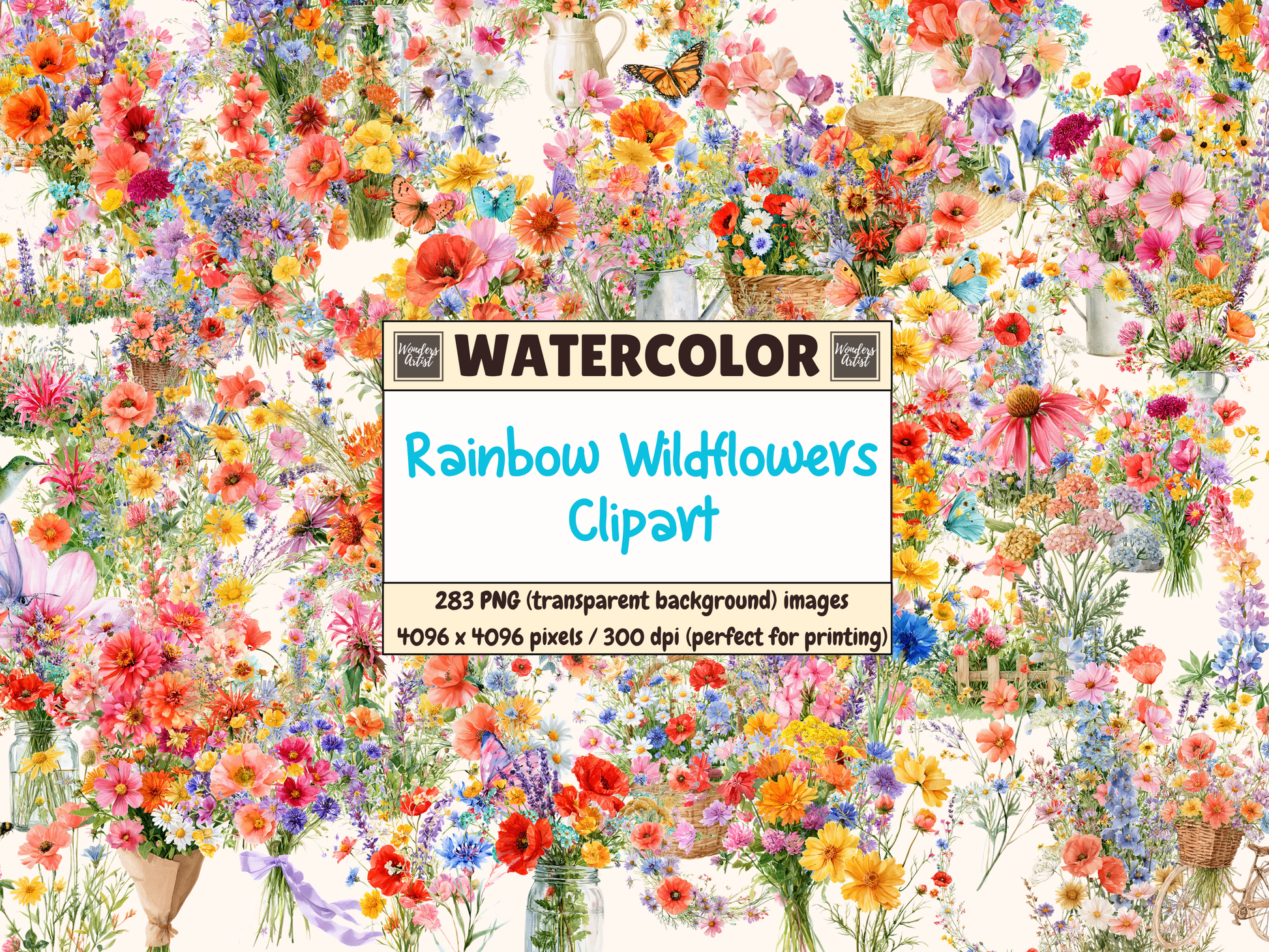 Rainbow Wildflowers Watercolor Clipart