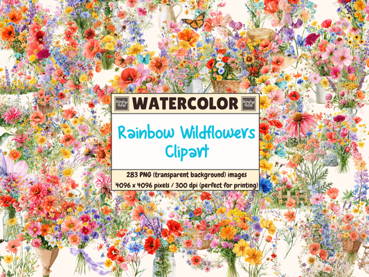 Rainbow Wildflowers Watercolor Clipart