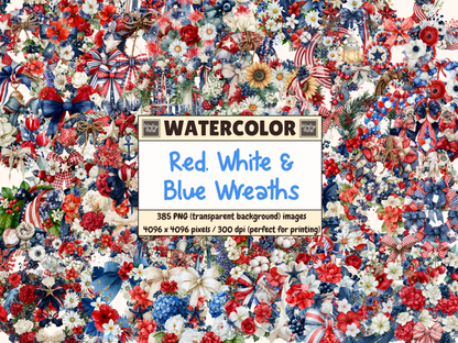 Red, White & Blue Wreath Watercolor Clipart