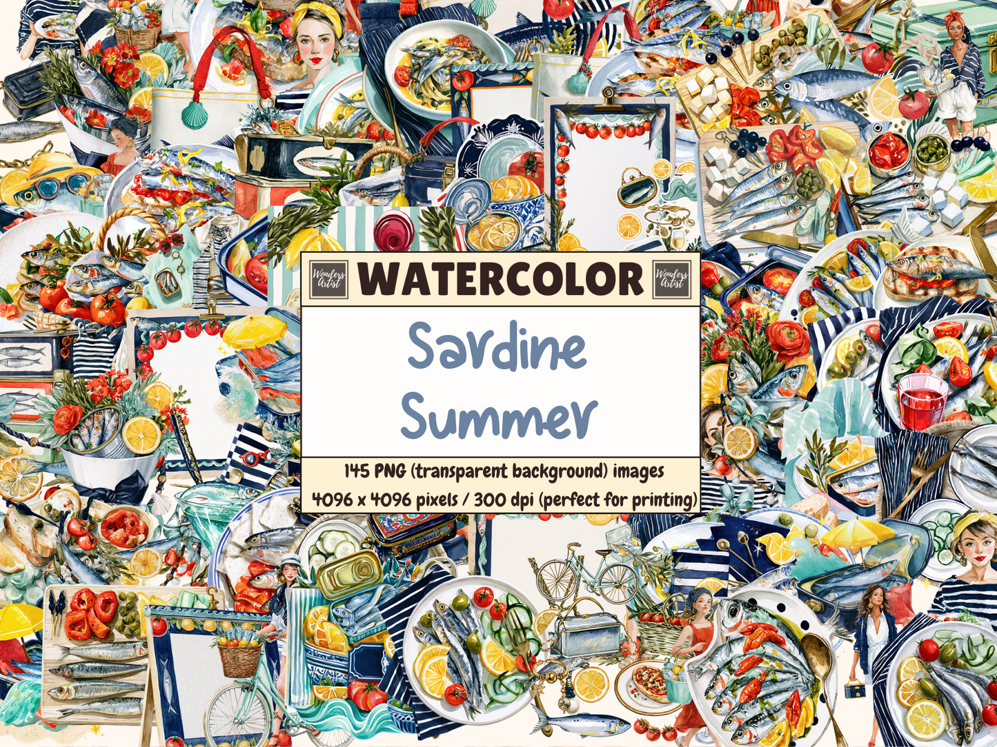 Sardine Summer Watercolor Clipart