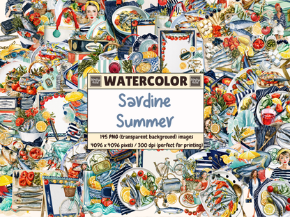 Sardine Summer Watercolor Clipart