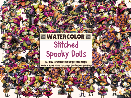 Stitched Spooky Dolls Watercolor Clipart