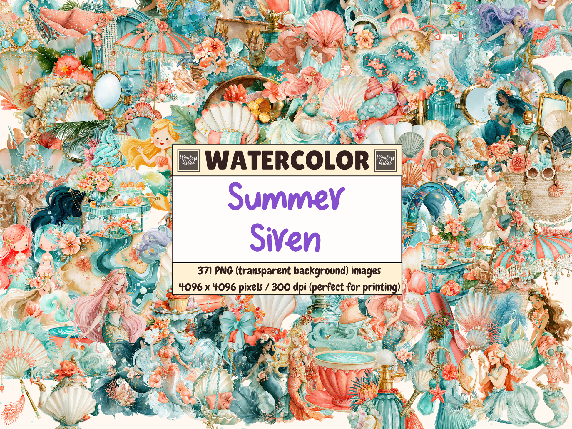 Summer Siren Watercolor Clipart