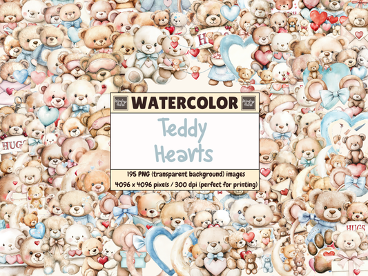 Teddy Hearts Watercolor Clipart