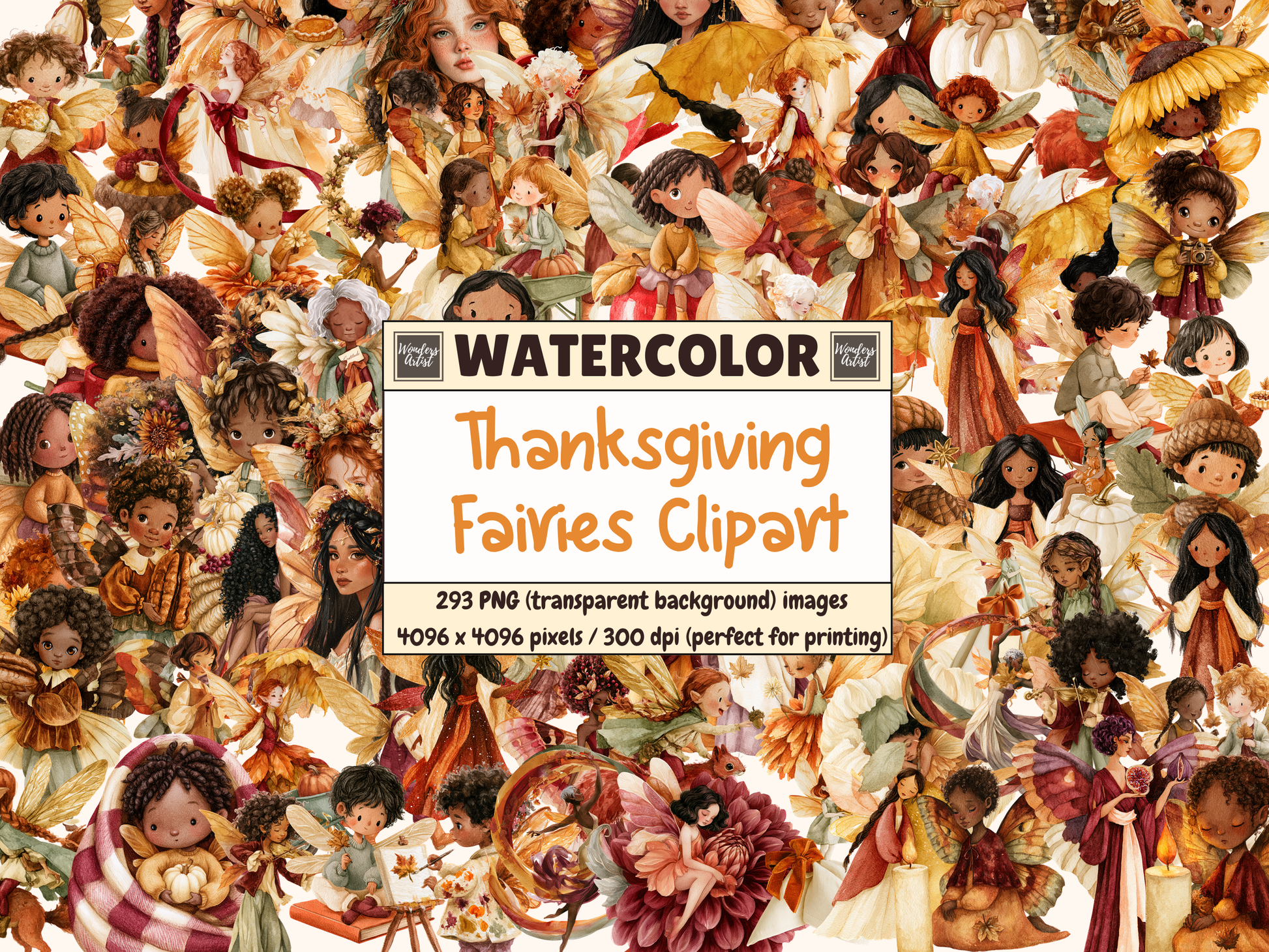 Thanksgiving Fairies Watercolor Clipart