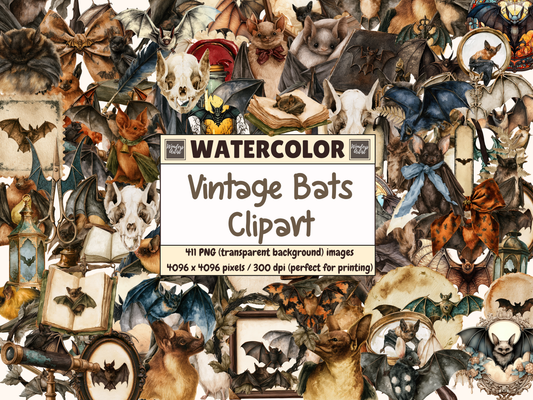 Vintage Bats Watercolor Clipart
