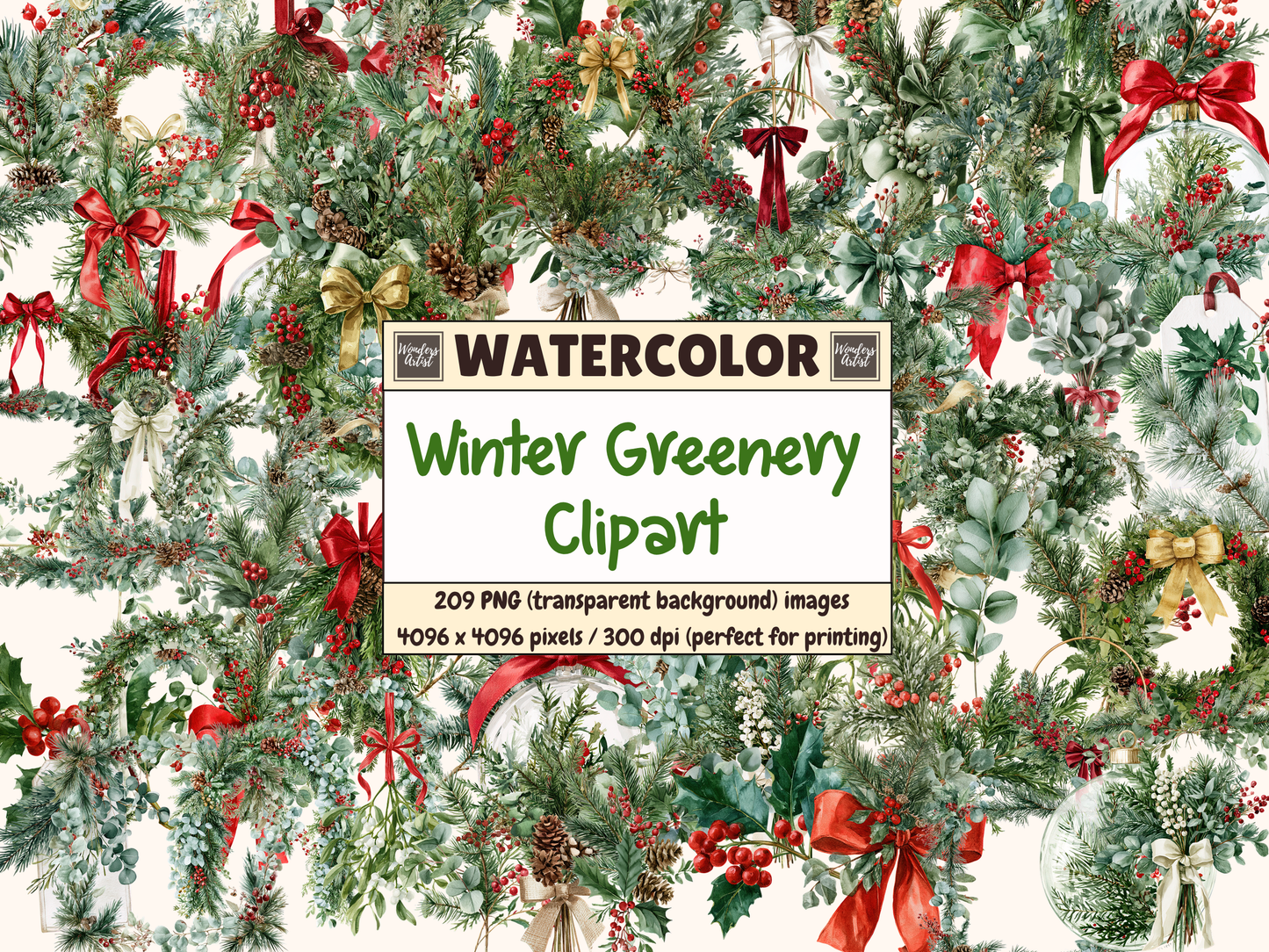 Winter Greenery Watercolor Clipart