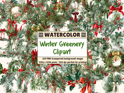 Winter Greenery Watercolor Clipart