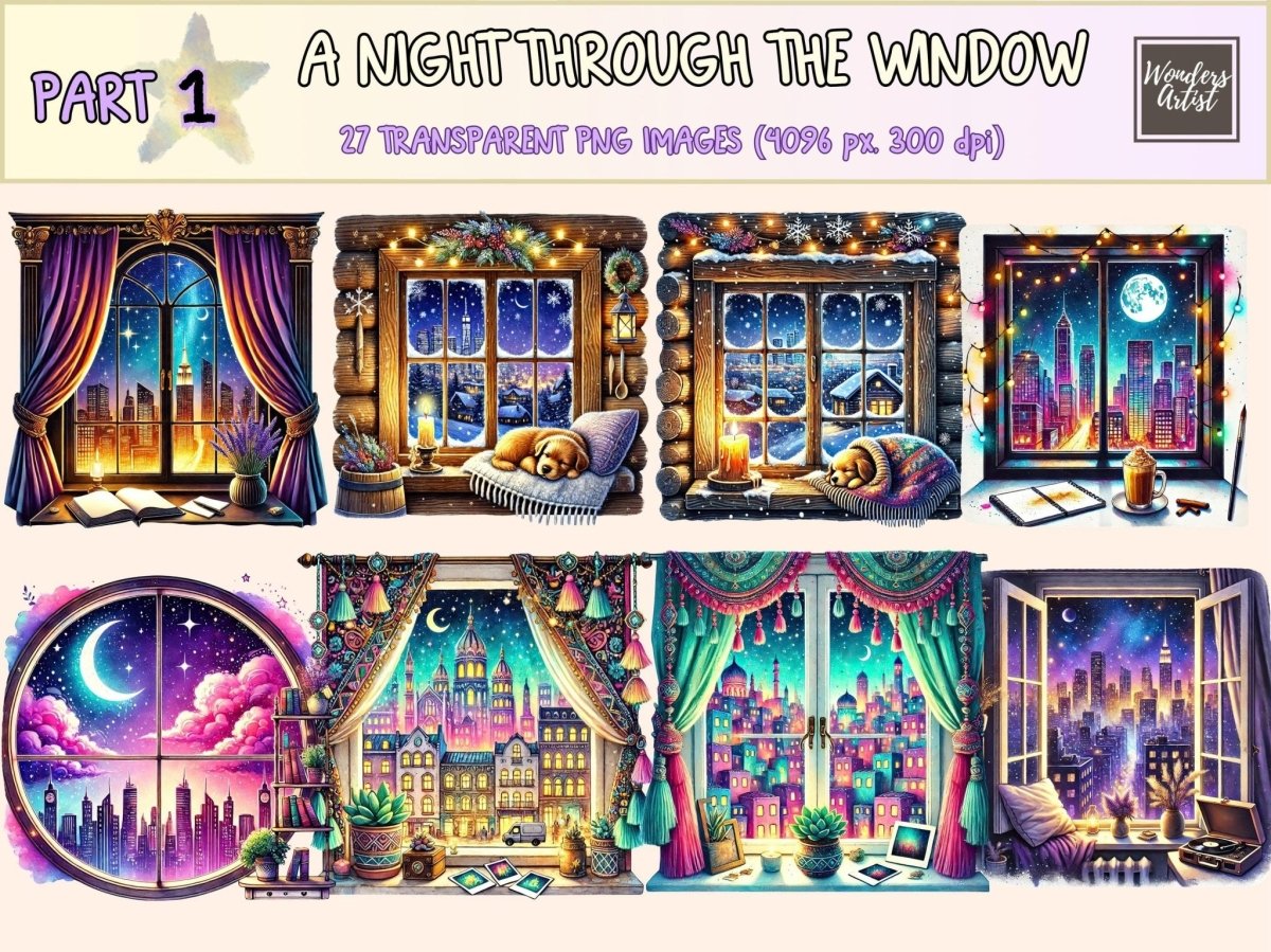 A Night Through the Window Clipart cozy night png dreamy night png moon window png - WondersArtist