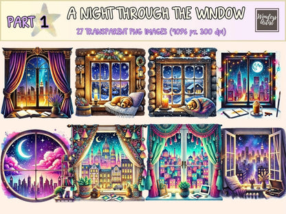 A Night Through the Window Clipart cozy night png dreamy night png moon window png - WondersArtist