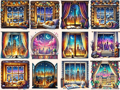 A Night Through the Window Clipart cozy night png dreamy night png moon window png - WondersArtist