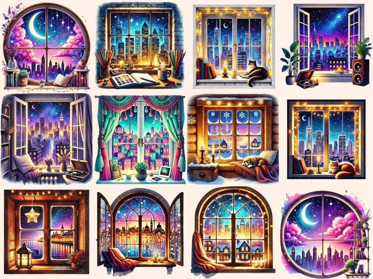 A Night Through the Window Clipart cozy night png dreamy night png moon window png - WondersArtist