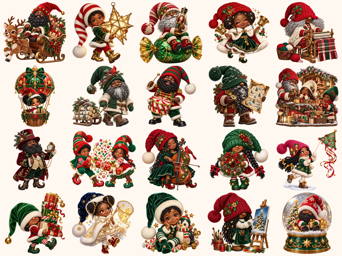 African American Christmas Gnomes Clipart — 04_grid.png