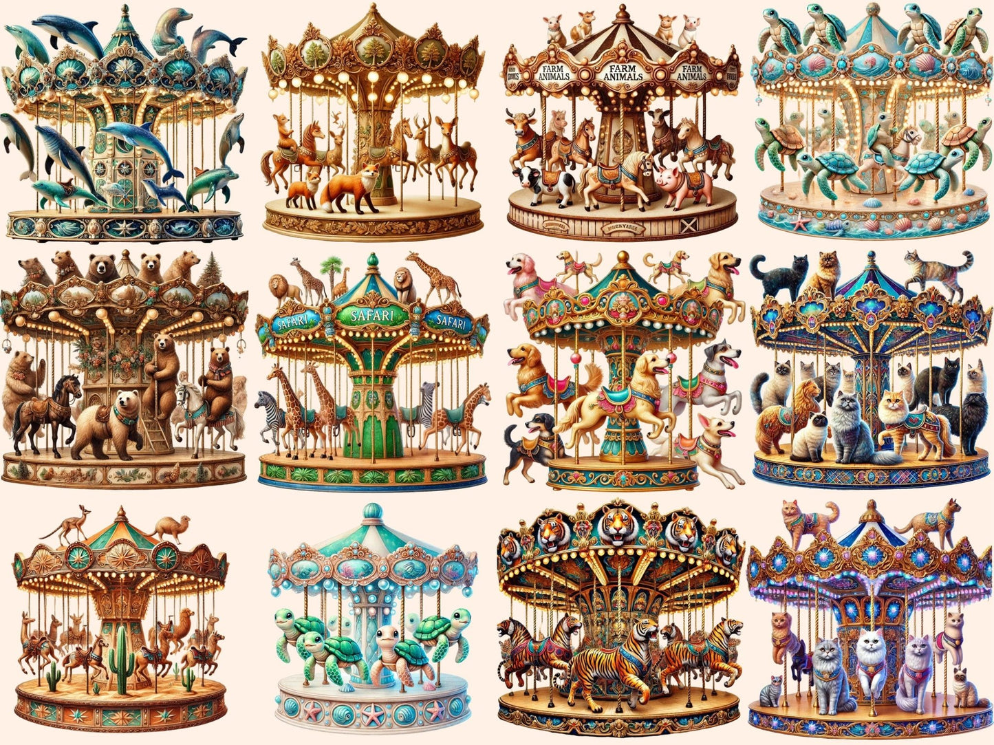 Animal Carousels Clipart - High - Quality Instant Digital Download for Creative Projects