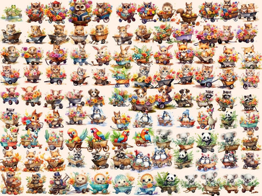 Animal Wheelbarrows Watercolor Clipart