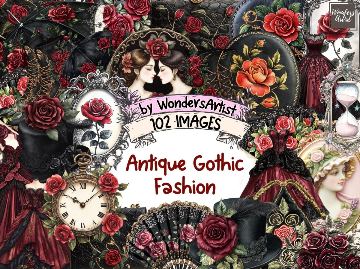 Antique Gothic Fashion Watercolor Clipart Antique Gothic Art - Wonders Artist