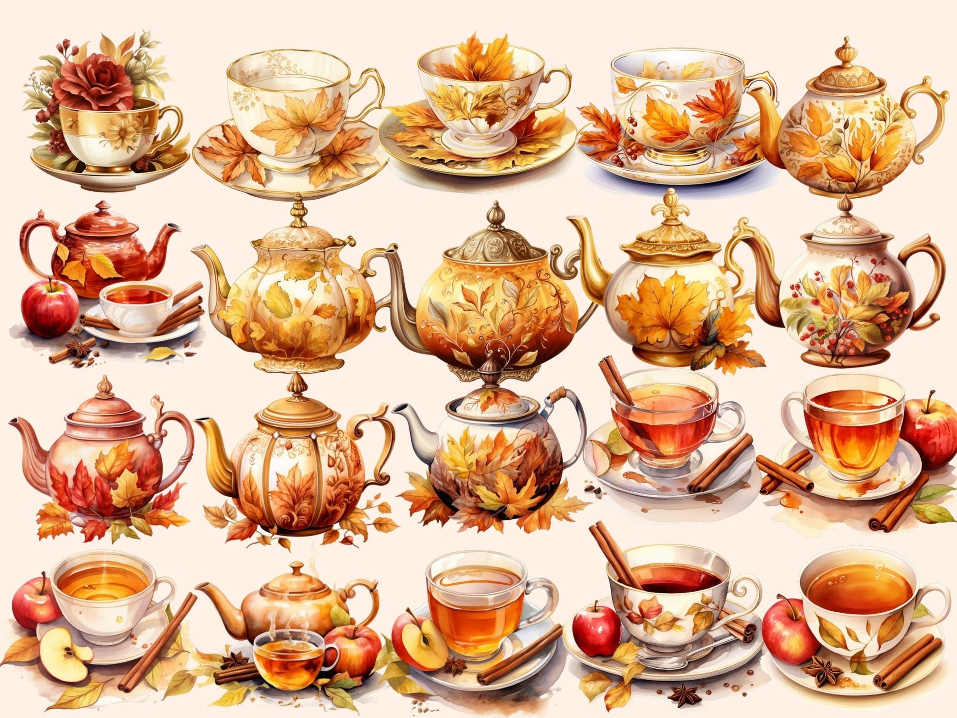 Apple & Cinnamon Tea Watercolor Clipart - High - Quality Instant Digital Download for Creative Projects